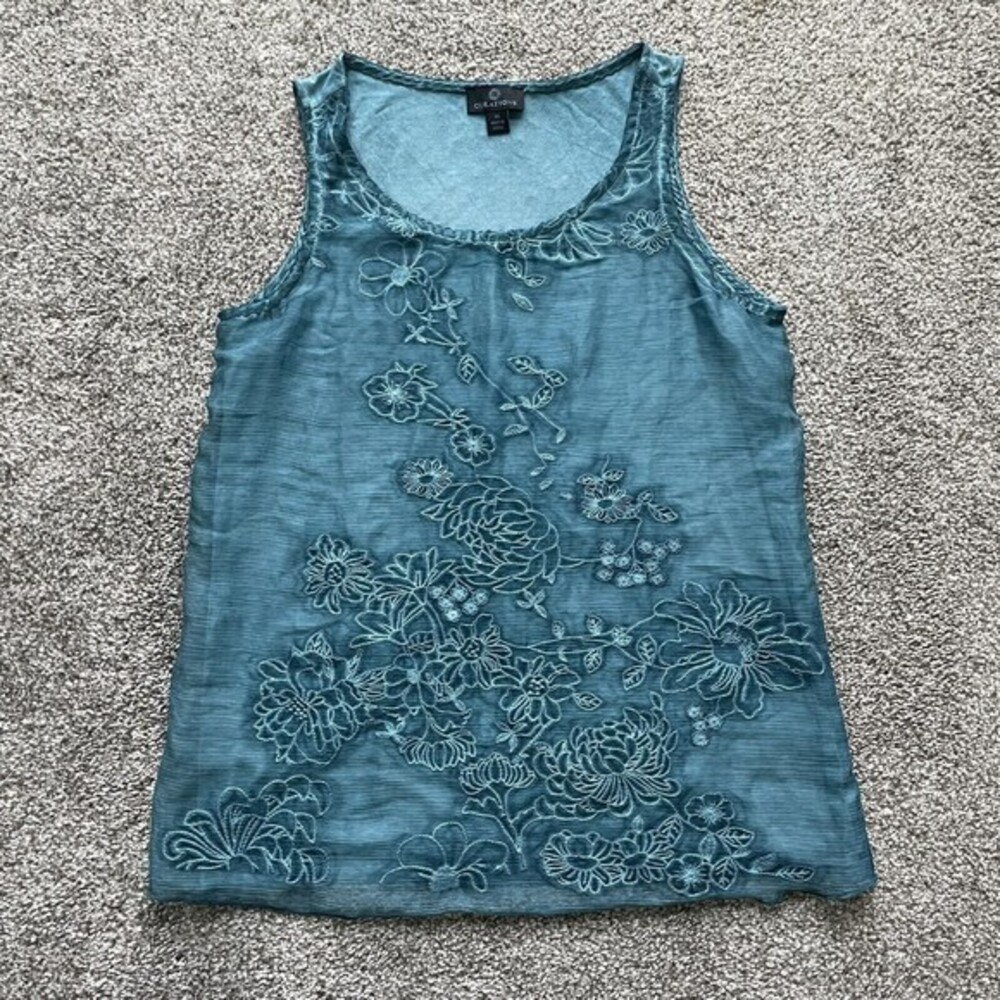 curations tank top womens size XS Teal blue layered embroidered sleeveless shirt